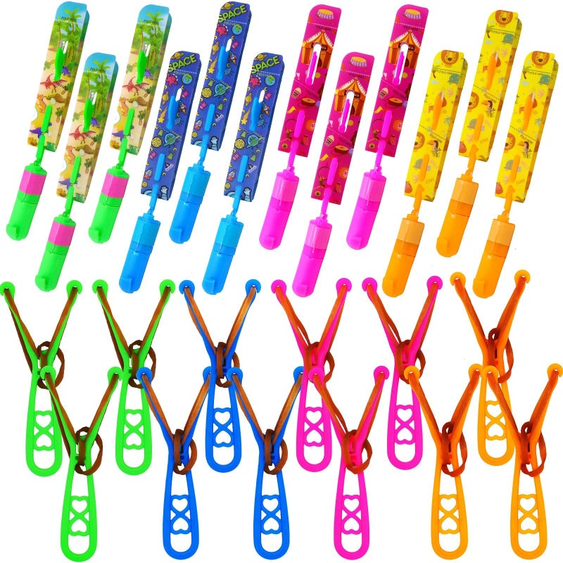 JX Rocket Slingshot Flying Toys with Led Lights 12Pcs LED Arrow Helicopters + 12Pcs Launchers Summer Outdoor Game LED Slingshot Toy for Kids  Glow in The Dark Kids Party Supplies - Image 1